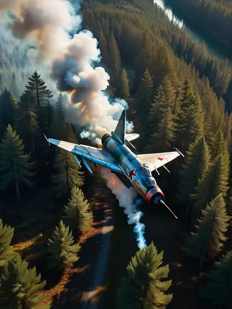 a mig-21 fighter jet, view from above, flying high over lush pine forest, morning, burning tail, plane on fire, 1960s, high alti...