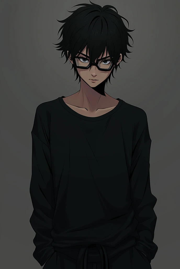 Boy with age of 27 with black eyes giving death glare in black body sticking tshirt with long sleeves and packed upto neck with baggy black pants and Messy hairs 
With black frameless trianglular spectacles in anime style 
