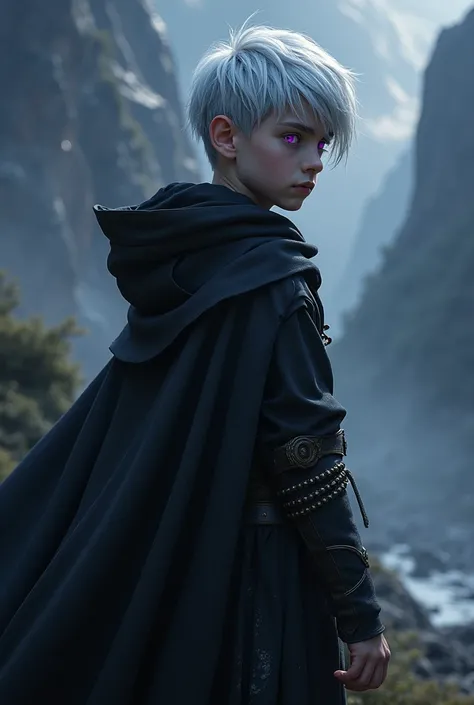 A high-fantasy horror, dark lord, a teenager half-elf boy with silver short hair and purple eyes, Dark wizard, A boy wearing a black long cloak, dark mountains, younger half-elf sorcerer