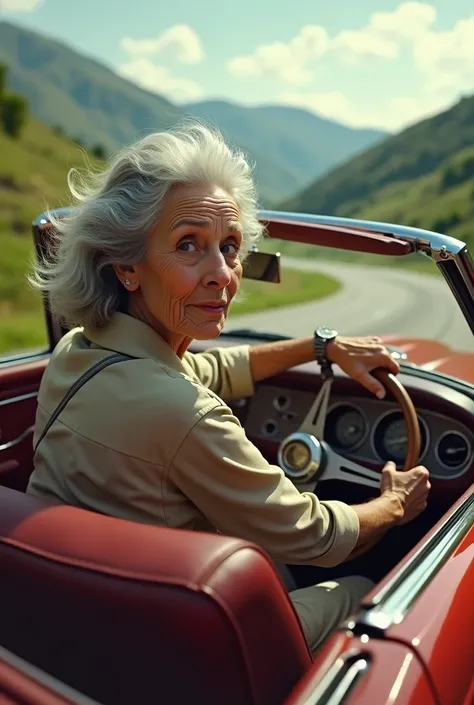 Old lady driving a convertable smoking a cigarette 