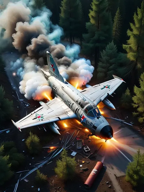 a mig-21 fighter jet, view from above, flying high over lush pine forest, morning, burning tail, plane on fire, 1960s, high altitude, engine fire, engine smoke, engine damage, fuselage damage, hyperrealistic, photorealistic, 8k, ultra-detailed, cinematic l...