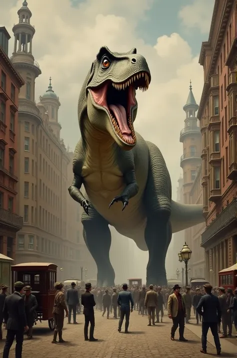 a painting of cityscape and t-rex in the 19th century realist style