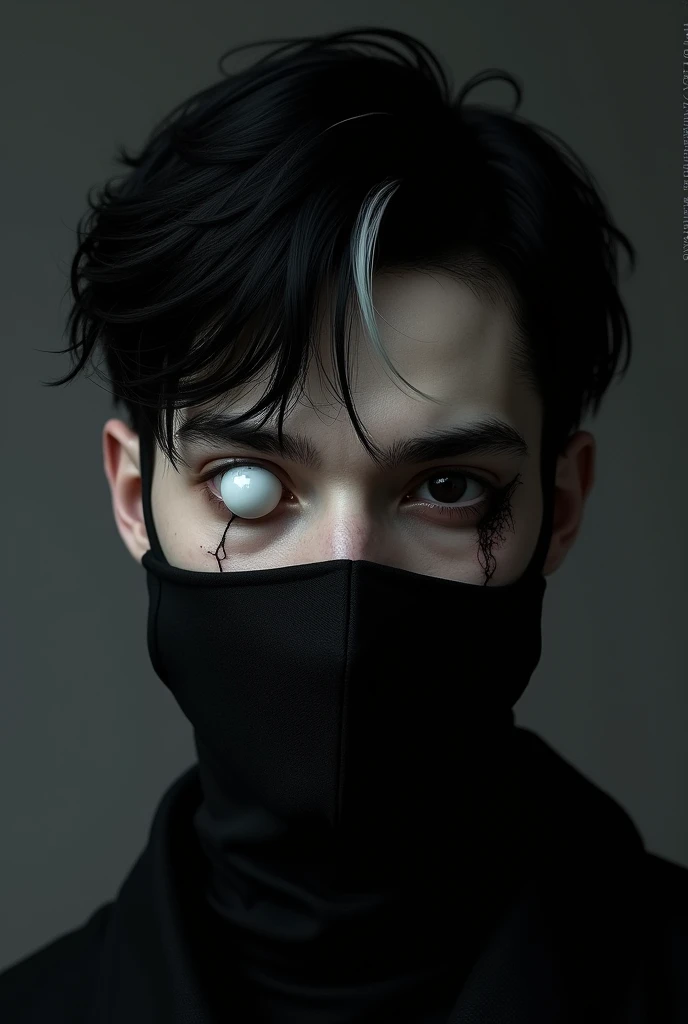 Dark young man, black hair with a small white streak. He wears a mask covering his nose and mouth. There is a deep scar on his left eye and it is clear that this eye is blind as it is completely white and opaque.. The right eye has a completely black iris....