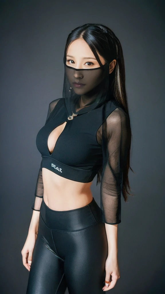 （lifelike， high - resolution：1.3），full body , 1 girl with a perfect body， Super fine face and eyes，slong hair， midriff of black colors：1.2， black shiny leggings，face veil,   big boob，Expose cleavage, ninja pose.