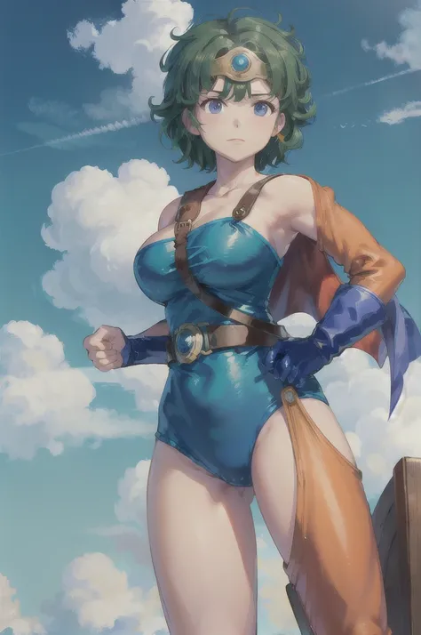 (masterpiece, best quality:1.1), (sheathed weapon on back:1.2), broken (dq3), 1girl, 独奏, short hair, brown hair, Blue eyes, circlet, large breasts, cleavage, strapless, blue dress, purple cape, thighhighs, elbow gloves, boots, belt, scabbard,, knee boots, ...