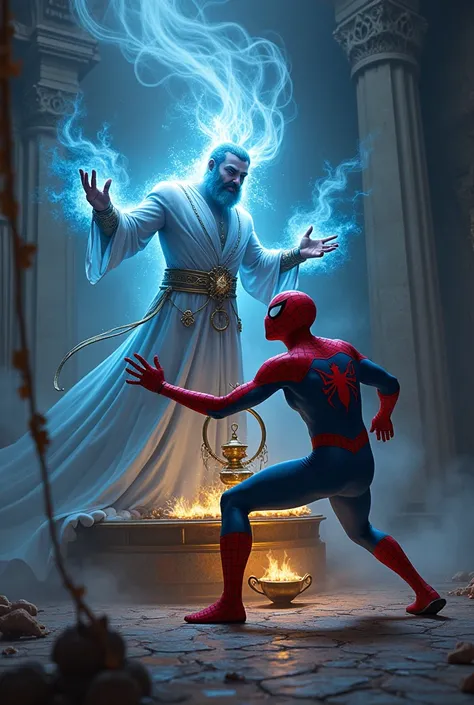 A genie in a lamp finishing off Spider-Man
