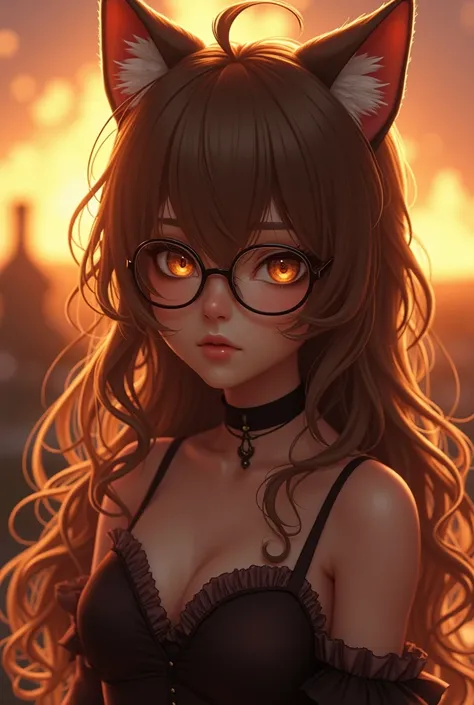 A work of art of the highest quality, presenting a girl with unique and striking characteristics. She has long, curly light brown hair., and wear glasses that complement your face. Your cat ears are delicate and realistic, adding a touch of fantasy to your...