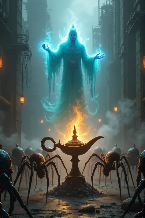 A genie in a lamp controlling a revolution of spider men