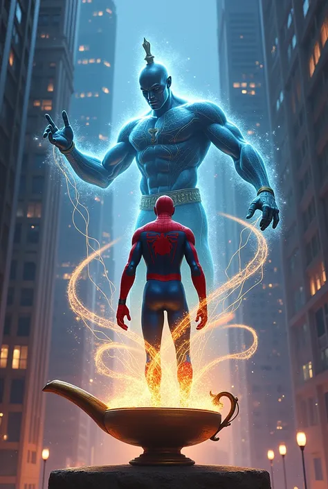 A genie in a lamp controlling Spider-Man