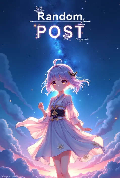 Make a 700 x 700 image with a star and sky setting with anime and a genshin impact style anime girl holding the text Random Post, do it as if it were a public poster 