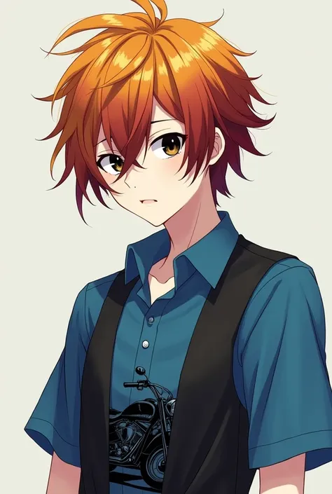 anime type boy with orange hair, with dull yellow and almost wine-colored red strands, which gives it a very striking and vibrant look. His skin is pale white, which contrasts with the intense color of her hair.

He wears a blue short-sleeved shirt, with a...