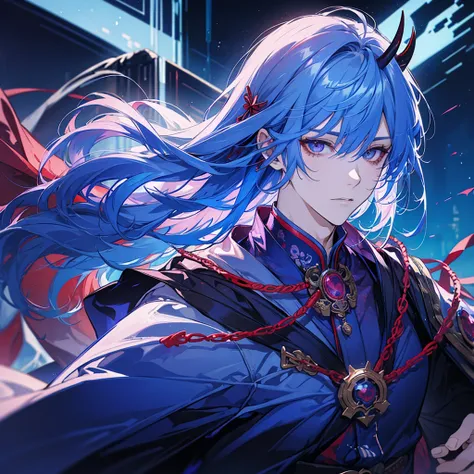 Man, handsome, refreshing, blue hair, red demon-like horns, gentle eyes, blue kimono, one purple hair, horns as head decoration, wolf cut, horns, silver necklace