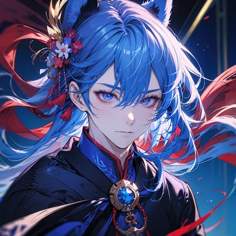 Man, handsome, refreshing, blue hair, red demon-like horns, gentle eyes, blue kimono, one purple hair, horns as head decoration, wolf cut, horns, silver necklace