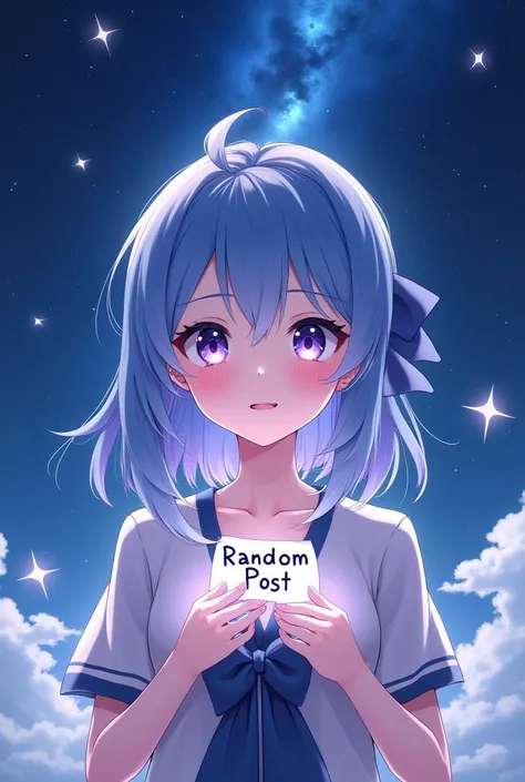 Make a 700 x 700 image with a star and sky setting with anime and a genshin impact style anime girl holding the text Random Post, do it like an advertising poster 