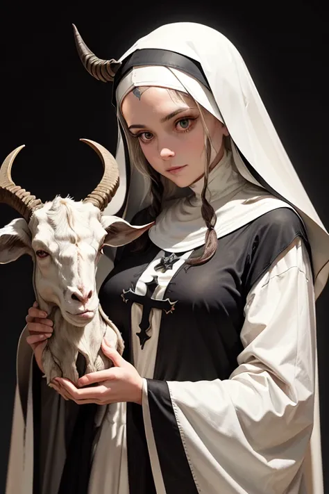 A horned nun holding a goat skull 