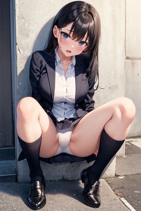 blazer、Miniskirt、White underwear、Black hair straight、Shortcuts、Embarrassed、Show off your breasts、Blushing、Open your mouth、sit、Spread your legs、Bend your knees、Leaning against a wall