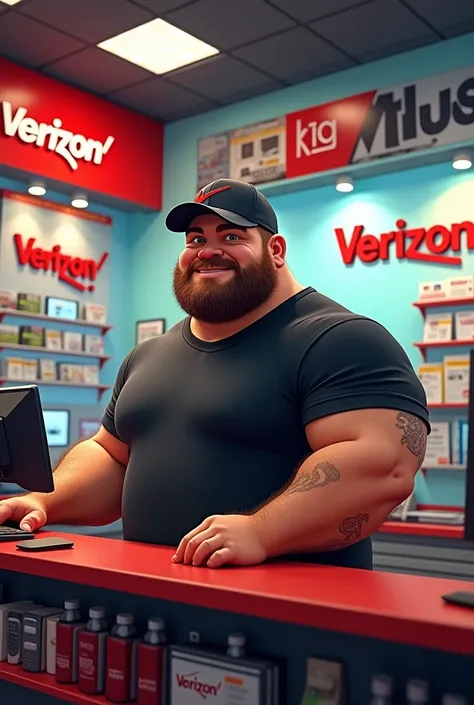 A burly guy in a cap and black t-shirt manning a Verizon phone store in a cartoon style 