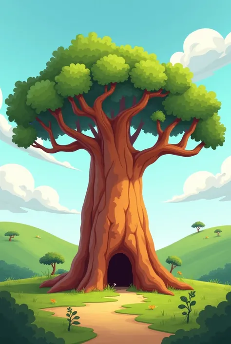 A cartoon illustration of an African baobab tree in a green landscape.