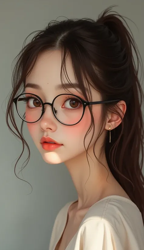 Create an image of a 31-year-old girl with glasses, a mole above her lip and a ponytail who is brunette and has brown eyes