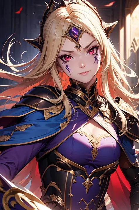 masterpiece,best quality,extremely detailed CG,ultra-detailed,1woman,fantasy,demon woman,general,swordfighter,evil smile,elaborately designed plate armor,forehead protector,dark red eyes,circlet,faint lip,purple colored face paint,blond hair,blue colored s...