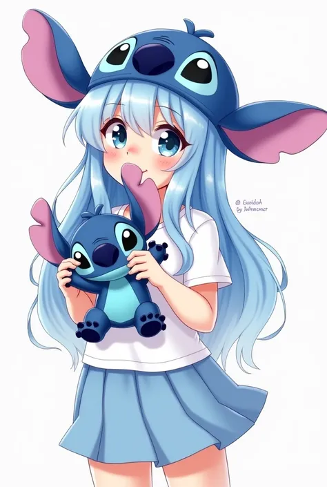 1 girl, con gorro de stich, her stich t-shirt, light blue skirt, in her hand a stich stuffed animal, light blue hair, long and fringed. 