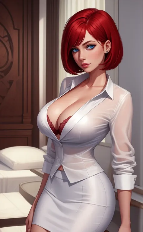 white silk shirt, deep v neck, business suit, red lace bra, pencil skirt, Carolyn Dunn, red hair, bob haircut, blue eyes,