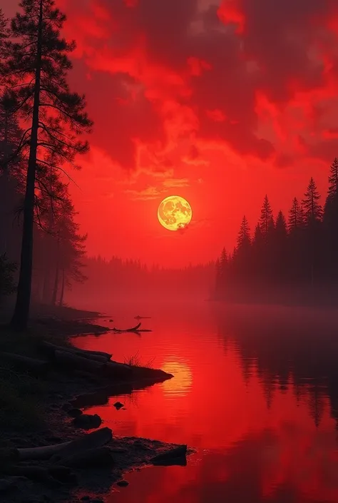 Realistic image of a red sky with dark red lake covered with trees