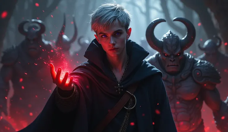 A high-fantasy horror, dark lord, a teenager 16 years half-elf boy with silver short hair and purple eyes, Dark wizard, muscular teenager, A boy wearing a simple black long cloak, younger half-elf sorcerer, realism, red and dark magic aura in the hands, a ...