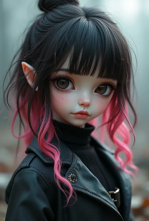 asian bluthe doll mediom hair with face framing and bangs that hase kind of soft alternative style with mostly black and gray outfit and has pink chunky highlights in her dark brown hair and has black eyes