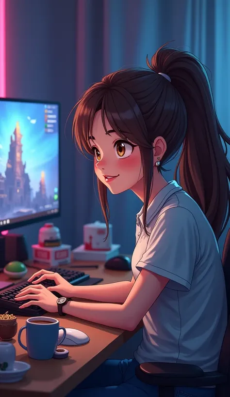 Make me a girl on a gaming desk the girl is brunette with a ponytail brown eyes and a mole above her lip she is 31 years old and is a little chubby