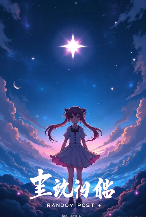 Make a 700 x 700 image with a star and sky setting with anime and the text Random Post, do it like an advertising poster 