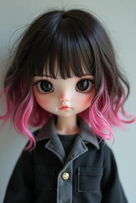 asian bluthe doll mediom hair with face framing and bangs that hase kind of soft alternative style with mostly black and gray outfit and has pink chunky highlights in her dark brown hair and has black eyes