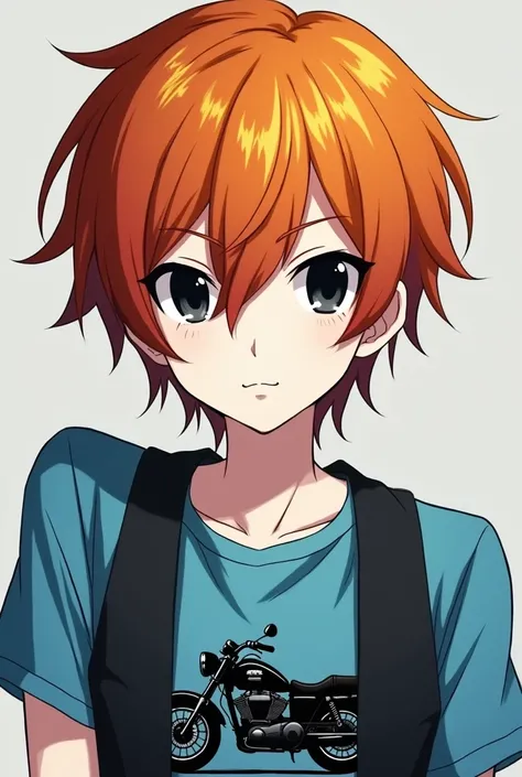 anime drawing type boy with orange hair, with dull yellow and almost wine-colored red strands, which gives it a very striking and vibrant look. His skin is pale white, which contrasts with the intense color of her hair.

He wears a blue short-sleeved shirt...