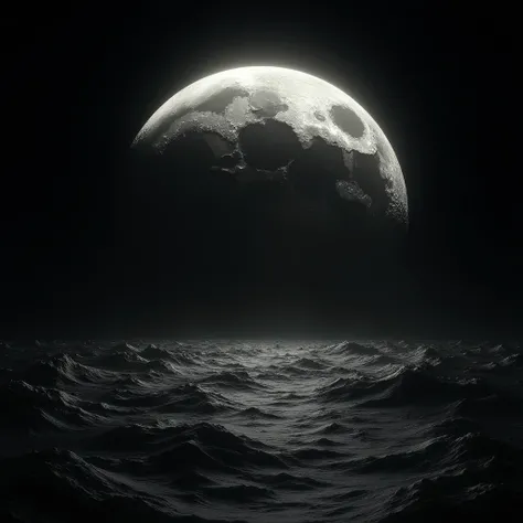 (photorealism), high definition huge full moon, the sea, tentacles, black background, lunar, crescent, ocean, sea, void, night, dark, very high definition huge moon, 1:1, full huge moon with crescent, black and white no gray, black background, no shiny moo...