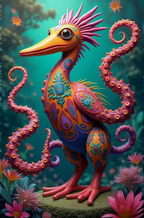 Make a drawing of an alebrije that combines a platypus,a heron and an octopus