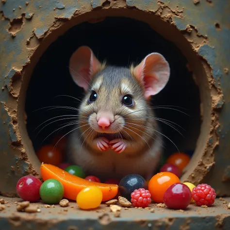 an image of a cute mouse in a hole with lots of colorful food in the background, by Keith Parkinson, a photorealistic painting, digital art, tiny mice living inside, mouse, stanley mouse, rat, rodent, a mouse in a gothic atelier