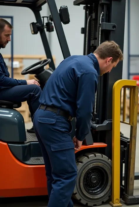 Make me an image of a person, a forklift technician who is hunched over, standing checking the forklift engine, has the entire trunk flexed. More hunched over

