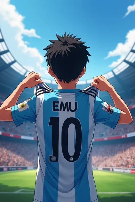 A boy showing his jersey to the audience, put name EMU and jersey number 10. Jersey should be argentina football team.also put argentina logo. Boy should show the backpart.not face.not human anime type.22 years old boy anime..black hair. .show it on stadiu...