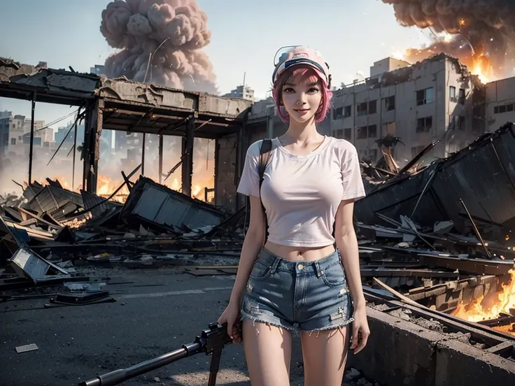 (Top quality，ultra HD，lifelike: 1.4)(Cowboy Shooter 1)，Beautiful armed girl， (K-Pop Idol) ，Detailed face，opposition，Perfect anatomy，Smooth skin，Professional lighting， ((Wearing a white T-shirt，Pink cap，Denim shorts，Short hair girl，High-tech headphones,)，Vi...