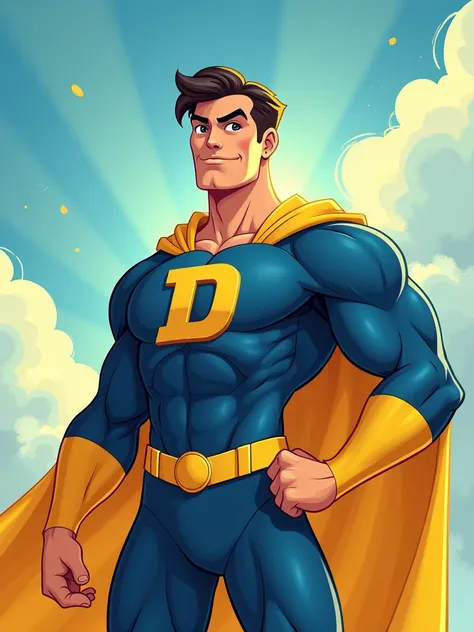 a javascript developer as super hero with letter "D" on chest and yellow and blue colors in disney style