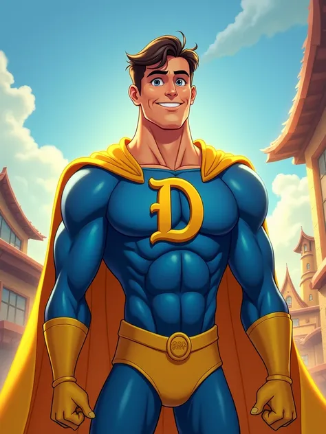 a javascript developer as super hero with letter "D" on chest and yellow and blue colors in disney style