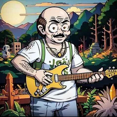 carl brutananadilewdki, looking at viewer, holding electric guitar, graveyard, art by kim jung-gi and john patrick green