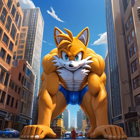 Macro growth  (miles prower (Sonic)  adult man,super muscular,  in blue underwear without a shirt  ,red blush doubles 2 boy (1 macro e 1 micro) towering over an urban landscape, kneeling on all fours while interacting with the buildings and streets below. ...