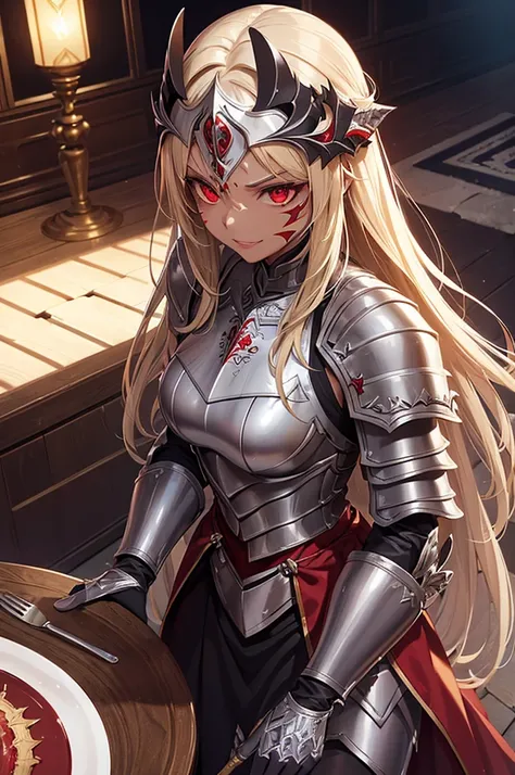 masterpiece,best quality,extremely detailed CG,ultra-detailed,1woman,demon woman,general,swordfighter,evil smile,elaborately designed plate armor,forehead protector,dark red eyes,circlet,faint lip,silver colored face paint,blond hair,dark skin,