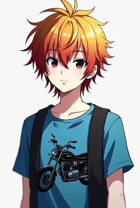 anime type boy with messy orange hair, with dull yellow and almost wine-colored red strands, which gives it a very striking and vibrant look. His skin is pale white, which contrasts with the intense color of her hair.

He wears a blue short-sleeved shirt, ...