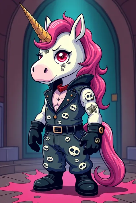 Create a cute plush humanoid demonic unicorn, wearing an alucard style suit full of skulls, wearing baggy pants, wearing black gloves with a pentagram, wearing a black boot, tattoos on body, black jewelry, full of anxiety on the tele finger, background ima...