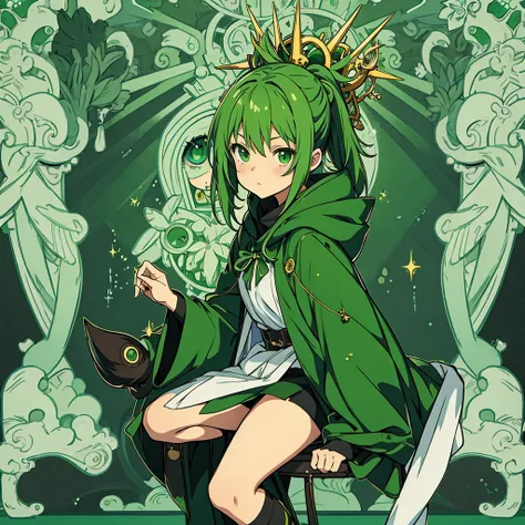 anime style, green color, eye, cute, hoodwink, cute girl