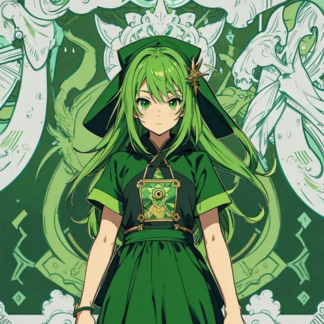 anime style, green color, eye, cute, hoodwink, cute girl