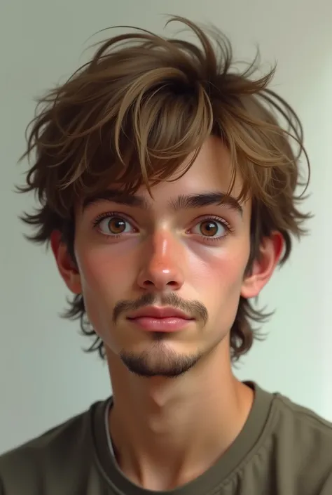 16 year old light skinned male, brown mullet haircut and big light brown eyes. Round nose with mustache and beard on chin.