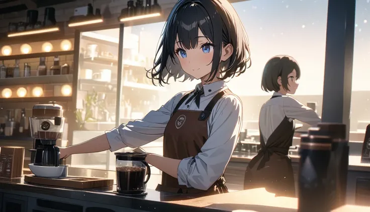 ((ultra-detailed))/three women: (one women with short black hair and bob hair.、beautiful blue eyes,.、smile、gentle smile on her face、flat chest, one Beautiful girl,((masterpiece, illustration, best quality) ((ultra-detailed))/),a girl wearing a barista unif...